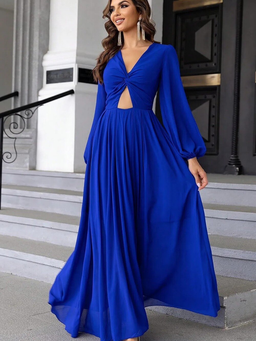 Blue Long Sleeve Twist Front Cutout Dress